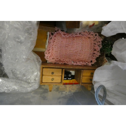 103 - Four small boxes of doll's house furniture and accessories, including vintage wooden, metal and upho... 