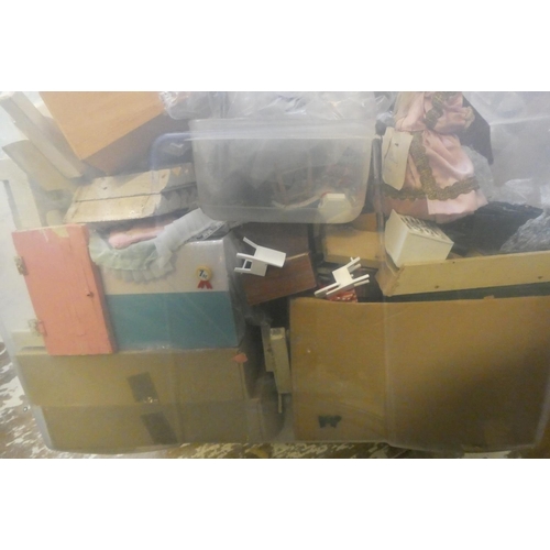 103 - Four small boxes of doll's house furniture and accessories, including vintage wooden, metal and upho... 