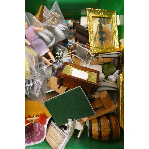 103 - Four small boxes of doll's house furniture and accessories, including vintage wooden, metal and upho... 