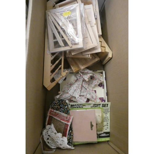 104 - Three boxes of doll's house building items, including vintage metal windows and doors, modern wooden... 