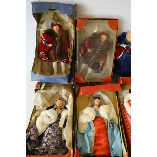 106 - Nine Peggy Nisbet dolls comprising two Henry the VIII dolls, his six wives, and Churchill, together ... 