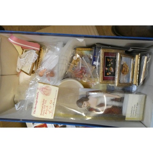 107 - Two boxes of doll's house building sets, parts, dolls and accessories (Est. plus 24% premium inc. VA... 