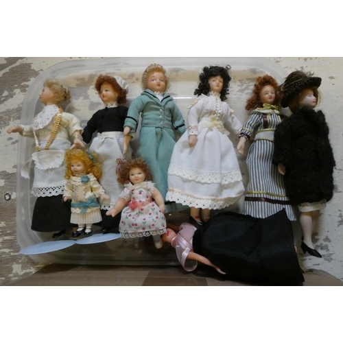 108 - Two boxes of doll's house furniture and accessories including wooden and upholstered furniture, doll... 