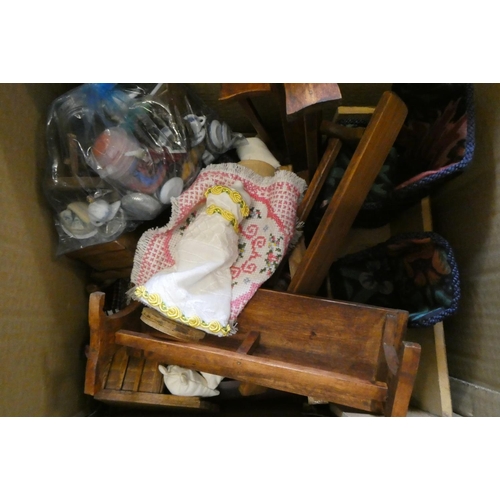 108 - Two boxes of doll's house furniture and accessories including wooden and upholstered furniture, doll... 