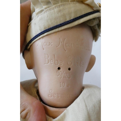 118 - A Max Handwerck Bebe Elite bisque socket head sailor doll with blue glass sleeping eyes, open mouth,... 