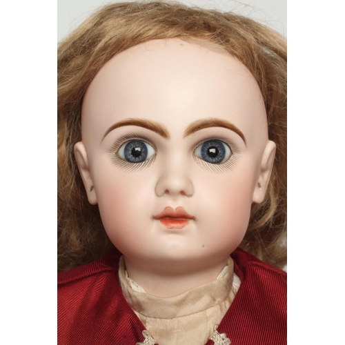 131 - A Tete Jumeau bisque socket head doll, with blue glass fixed eyes, closed mouth, pierced ears, blond... 