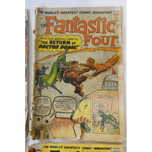 200 - Marvel's Fantastic Four no. 7, 10, 15 and 20, all priced 9d, all in poor condition with rips, losses... 