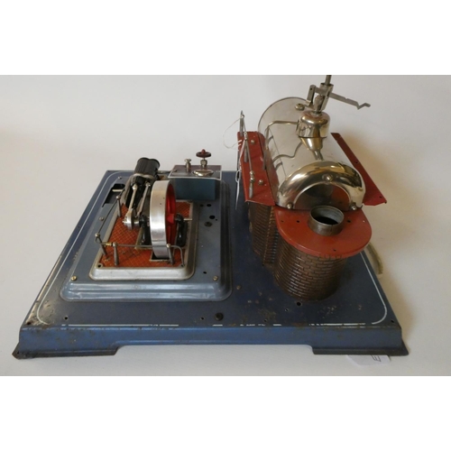 313 - Wilesco D28 electrically fired stationary steam engine, chimney stack missing, whistle damaged, safe... 