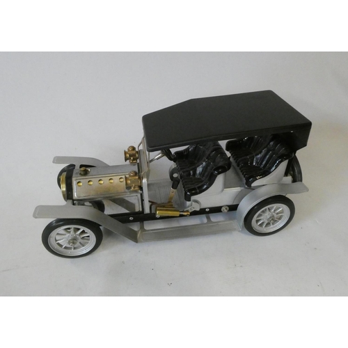 325 - Mamod steam four-seater saloon car, repainted silver and black with removable hood, spirit burner mi... 