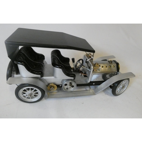 325 - Mamod steam four-seater saloon car, repainted silver and black with removable hood, spirit burner mi... 