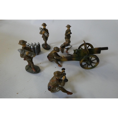 338 - Sixteen Elastolin 80mm composite WW1 British military figures including dog handler, search light, r... 