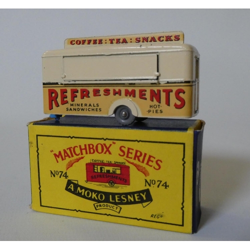 472 - Matchbox Moko No43 Hillman Minx, No74 Mobile Canteen and No75 Ford Thunderbird, boxes good+, models ... 