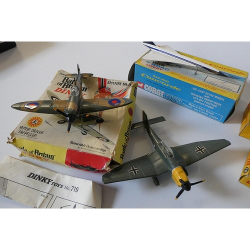 508 - Five Dinky Aircraft models comprising 719 Spitfire (box poor), 715 Bristol 173 Helicopter (box fair)... 