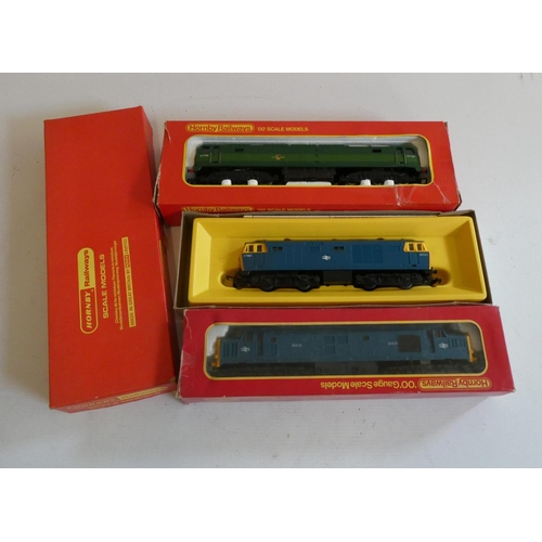 539 - Three Hornby Margate locomotives comprising BR green Type 4, BR blue A-1-A Diesel and BR blue Hymek ... 