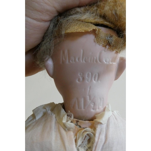 55 - An Armand Marseille bisque socket head doll with blue glass sleeping eyes, open mouth, teeth, blond ... 