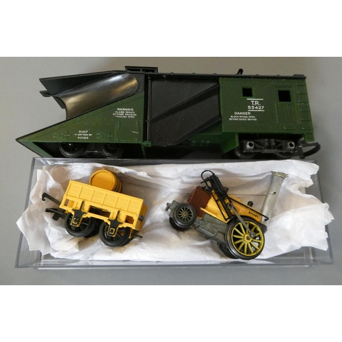 560 - Triang unboxed Stephensons Rocket locomotive with driver and Fireman and Triang snow plough in gree... 