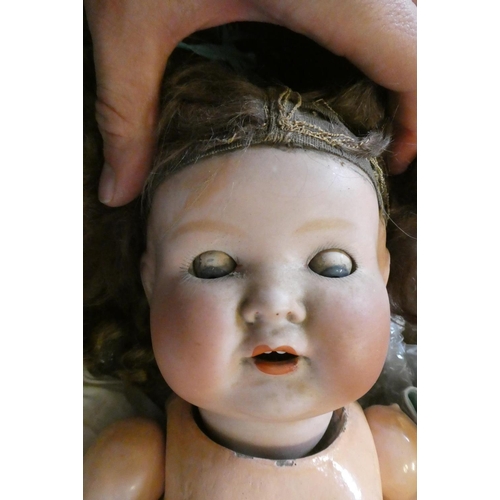 79 - A box of dolls, parts, clothes, hats and accessories including an antique wax doll, Heubach Koppelsd... 