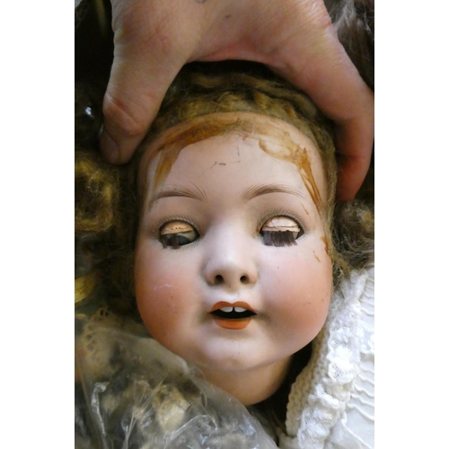 79 - A box of dolls, parts, clothes, hats and accessories including an antique wax doll, Heubach Koppelsd... 