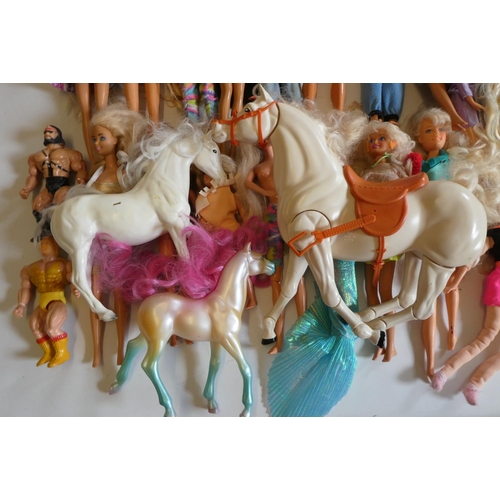 8 - Six Barbie dolls with two Ken dolls, two sisters, nine other dolls, three unassociated horses and so... 