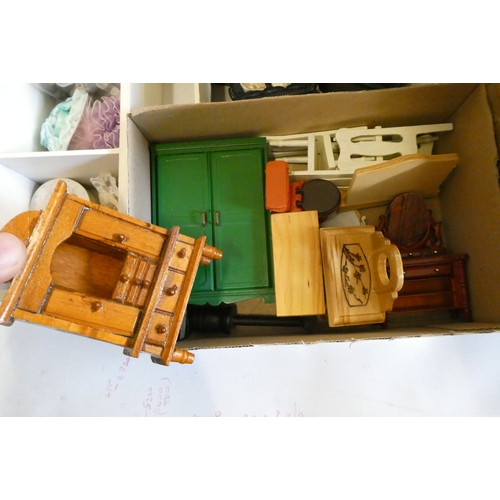 44 - Four boxes of doll's house furniture and accessories, comprising two boxes of 1:12th scale wood, met... 