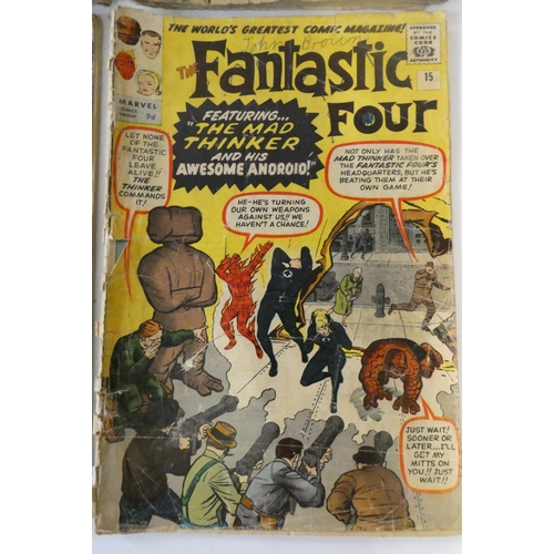 200 - Marvel's Fantastic Four no. 7, 10, 15 and 20, all priced 9d, all in poor condition with rips, losses... 