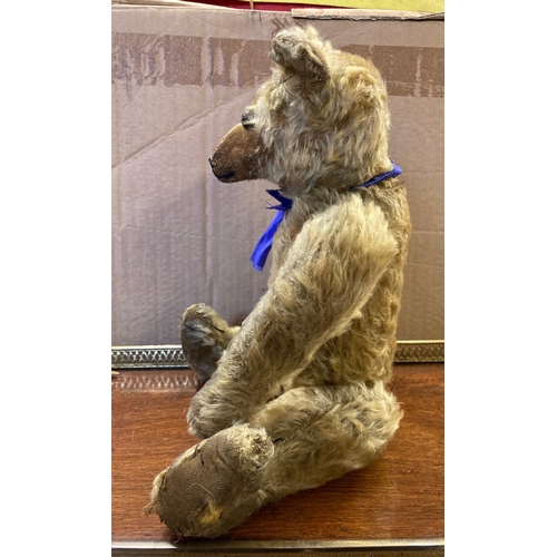 156 - A mohair jointed teddy bear, c.1910, with shoe button eyes, sewn nose, long nose and cloth pads, 14