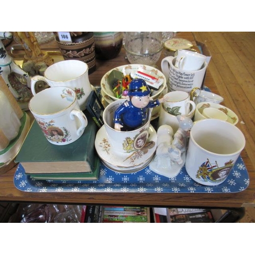 105 - TRAY OF MISCELLANEOUS POTTERY INCLUDING PC PLOD AND TOY CARS