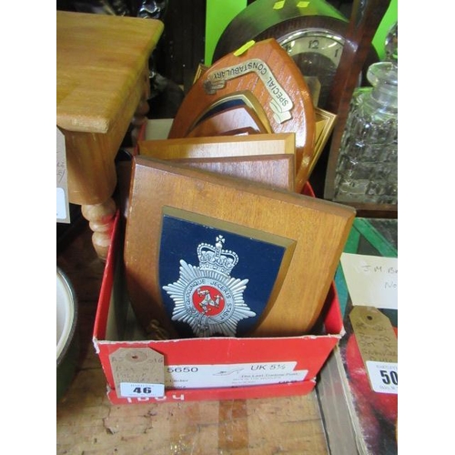 46 - BOX OF POLICE SHIELDS AND EMBROIDERED ROSE