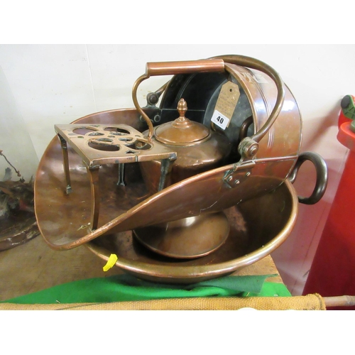 40 - LARGE COPPER PAN COAL SCUTTLE KETTLE AND TRIVET