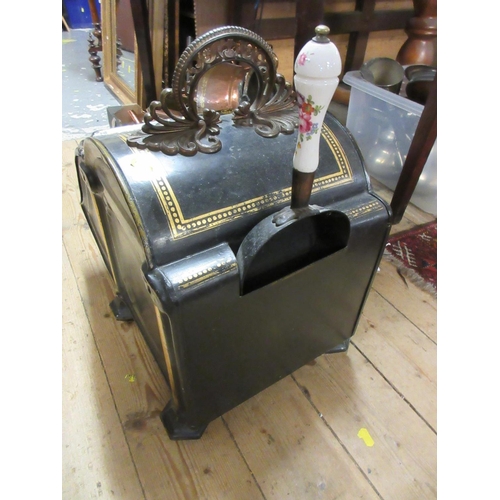 278 - VICTORIAN TOLEWARE COAL SCUTTLE PAINTED WITH A DOG