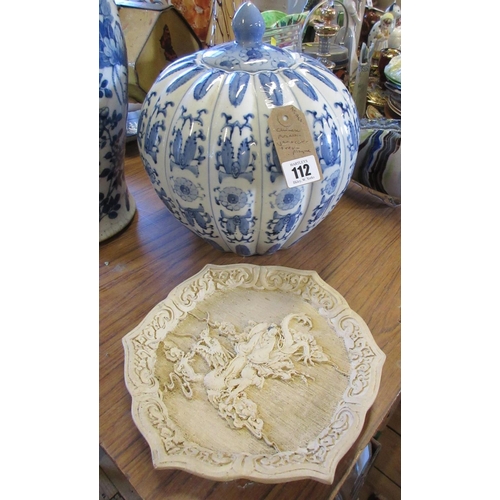 112 - CHINESE PORCELAIN JAR AND COVER AND A RESIN PLAQUE