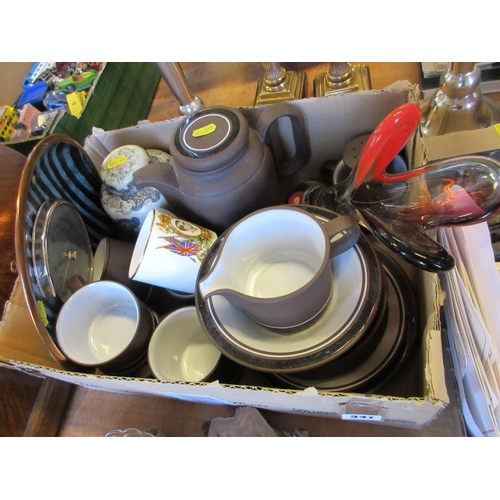 347 - BOX OF HORNSEA CERAMICS INCLUDING GLASS VASE COPPER PLATE AND BAROMETER