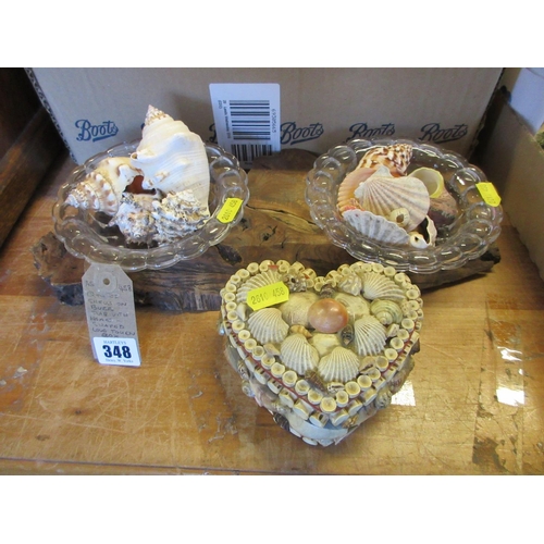 348 - QUANTITY OF SHELLS ON BURR SLAB WITH HEART SHAPED LOVE TOKEN BOX