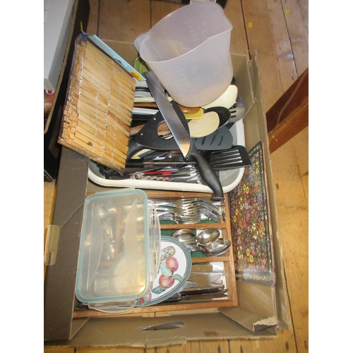 350 - BOX OF MISCELLANEOUS KITCHEN UTENSILS CUTLERY TRAYS ETC