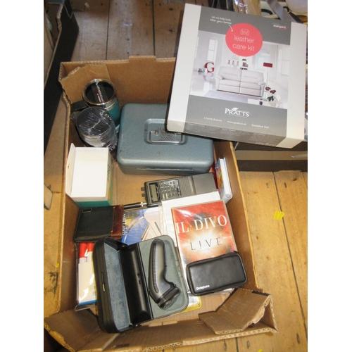 351 - BOX OF MISCELLANEOUS INCLUDING LEATHER CARE KIT WALKIE TALKIE AND A WALLET ETC