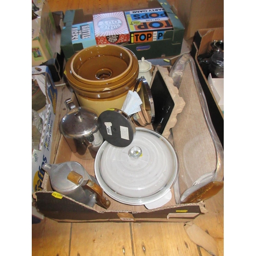 352 - MISCELLANEOUS BOX CONTAINING BREAD CROCK AND TEA POTS ETC