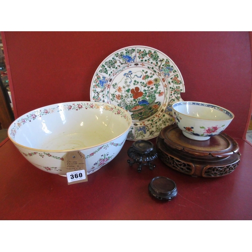 360 - CHINESE FAMILLE VERTE PLATE TWO BOWLS AND THREE STANDS