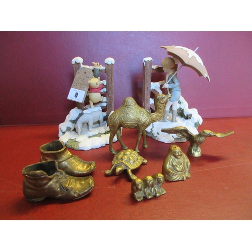 8 - WINNIE THE POOH BOOKENDS AND A QUANTITY OF BRASS ANIMALS ETC