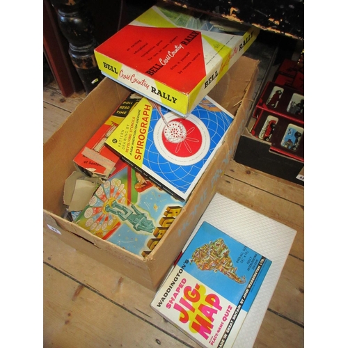 94 - BOX OF VINTAGE BOARD GAMES AND TOYS INCLUDING BELL CROSS COUNTRY RALEIGH SPYROGRAPH AND WHACKO WORD ... 