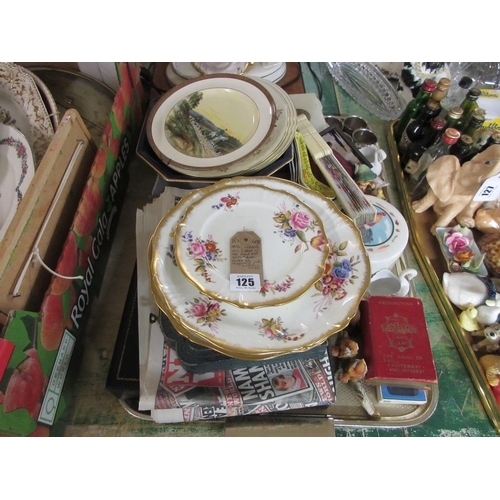 125 - TRAY OF MISCELLANEOUS INCLUDING WEDGWOOD PLATE AND THE LAST EDITION OF THE NEWS OF THE WORLD