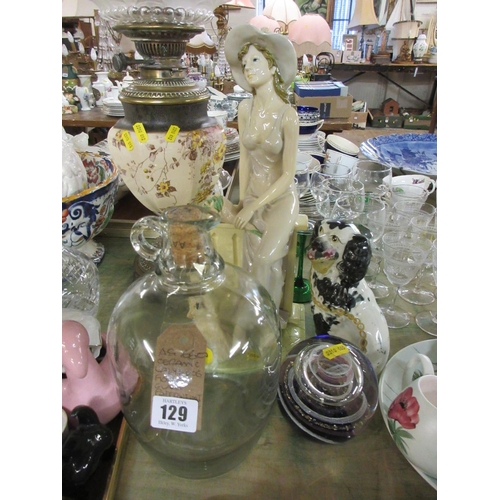 129 - CERAMIC LADY AND DOG FIGURE WITH GLASS PAPERWEIGHT AND GLASS JUG