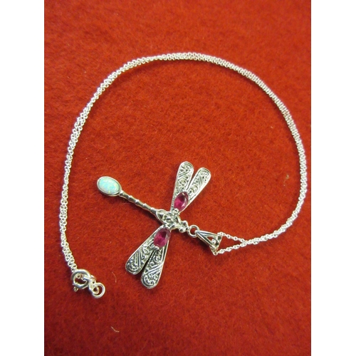 173 - OPAL SET SILVER DRAGONFLY PENDANT ON A SILVER CHAIN