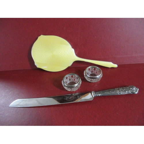 180 - SILVER MIRROR, CAKE KNIFE AND A PAIR OF SALTS