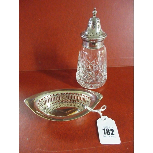 182 - SILVER TOPPED SUGAR CASTOR AND SILVER DISH