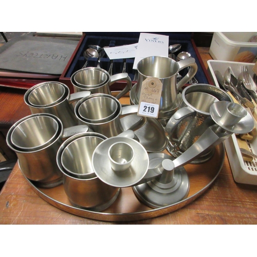 219 - OVAL TRAY AND A QUANTITY OF TANKARDS ETC