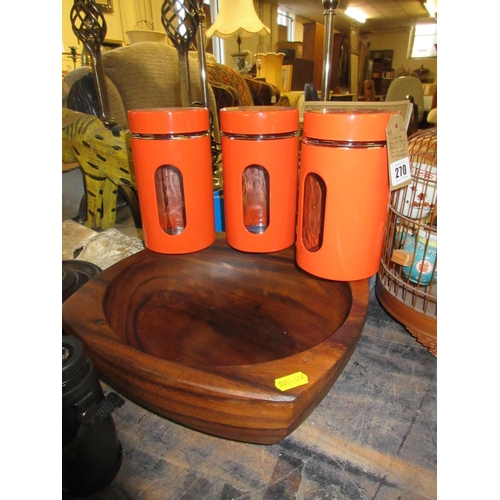 270 - VINTAGE SOLID TEAK BOWL AND THREE KITCHEN CONTAINERS