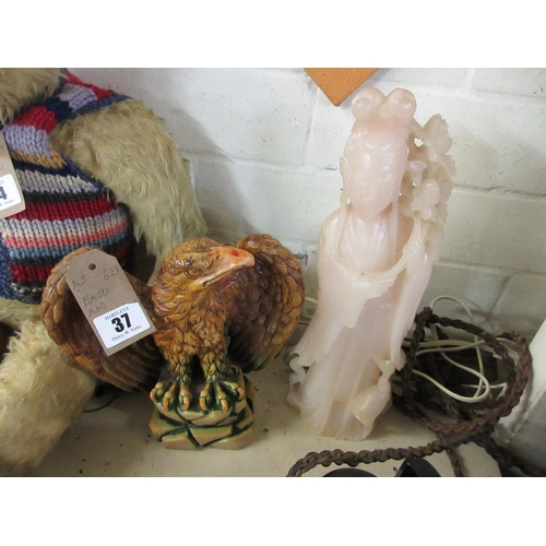 37 - SOAPSTONE ORIENTAL FIGURE AND EAGLE MODEL