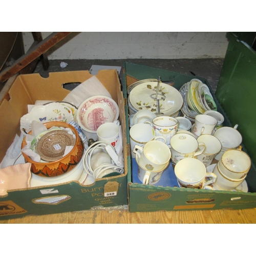 388 - TWO BOXES OF CERAMICS INCLUDING ROYAL COMMEMORATIVE MUGS