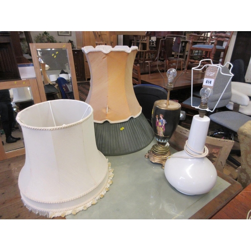 414 - TWO TABLE LAMPS AND THREE VINTAGE SHADES