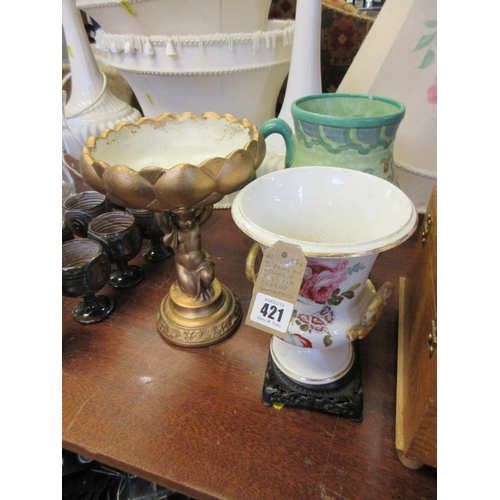 421 - TWO VASES ON STANDS AND A GILDED CHERUB CERNTREPIECE